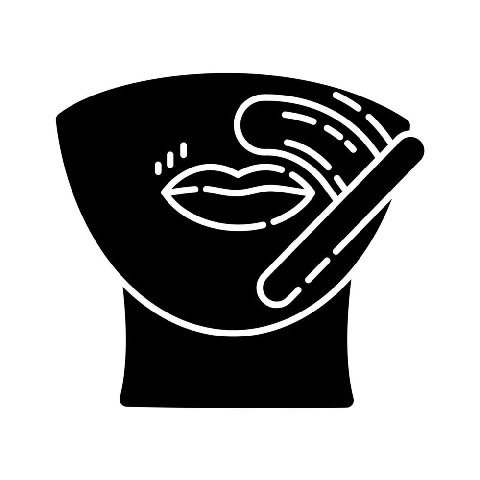 Upper lip glyph icon. Female facial hair removal procedure. Depilation with natural hot sugar wax. Professional beauty treatment. Silhouette symbol. Negative space. Vector isolated illustration
