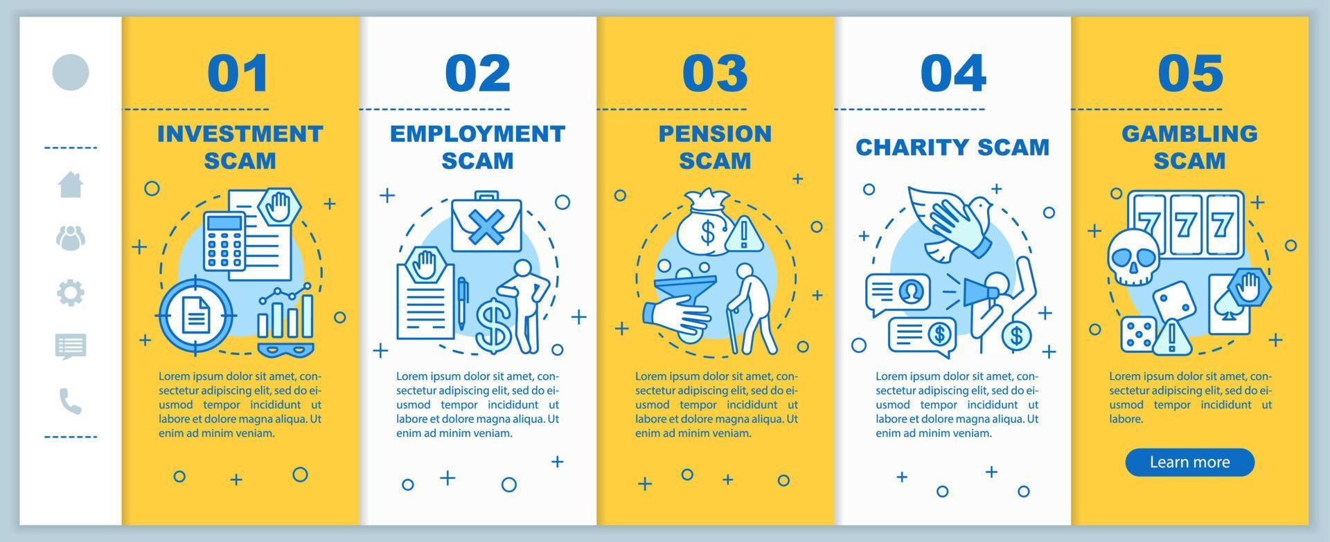 tipos de estafa incorporando plantilla vectorial de páginas web móviles. idea de interfaz de sitio web de teléfono inteligente sensible con ilustraciones lineales. estafa de inversión pantallas de pasos del tutorial de la página web. concepto de color vector