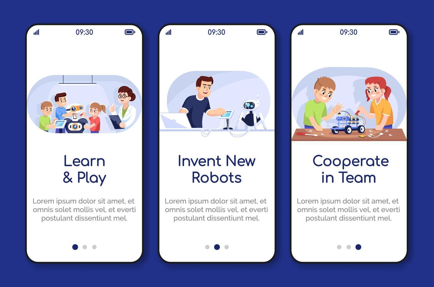 cursos de robótica que incorporan la plantilla de vector de pantalla de la aplicación móvil. niños y adultos en el club de ciencias. paso a paso del sitio web con caracteres planos. ux, ui, concepto de interfaz de dibujos animados de teléfono inteligente gui