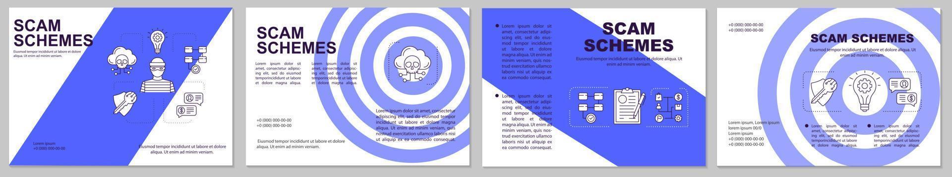 Scam schemes blue brochure template. Fraud strategy flyer, booklet, leaflet design with linear illustrations. Plan of crime. Vector page layouts for magazines, annual reports, advertising posters