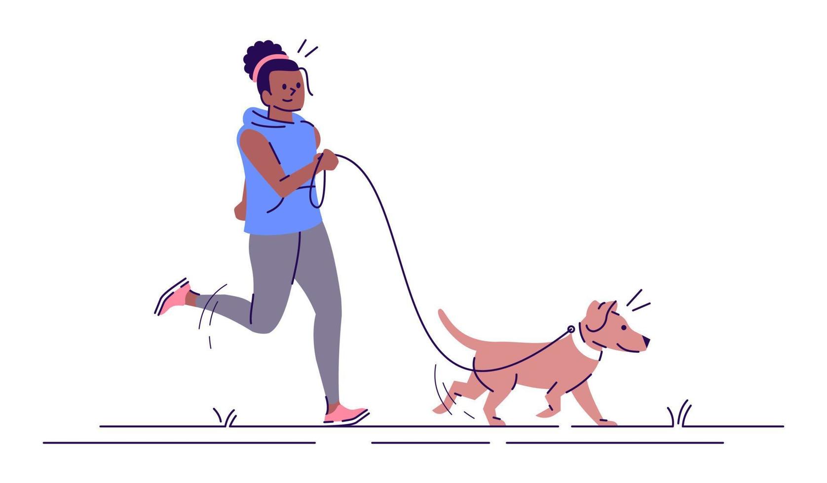 mujer jogging con ilustración de vector plano de perro. fitness, actividad deportiva. atractiva chica afroamericana corriendo con personajes de dibujos animados aislados de mascotas con elementos de contorno sobre fondo blanco