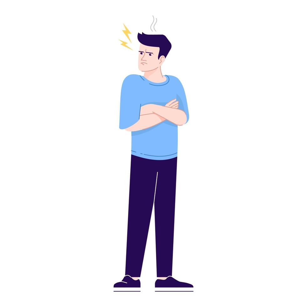 Angry man flat vector illustration. Negative human emotions. Annoyed and offended fellow standing with crossed arms isolated cartoon character with outline elements on white background