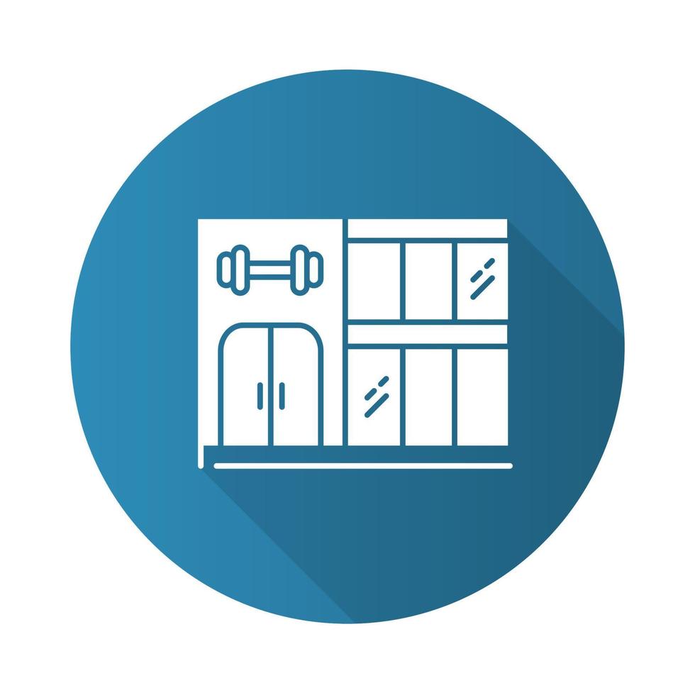 Gym building blue flat design long shadow glyph icon. Two-storey construction with double door and panoramic windows. City sport club facade. Modern gymnasium. Vector silhouette illustration