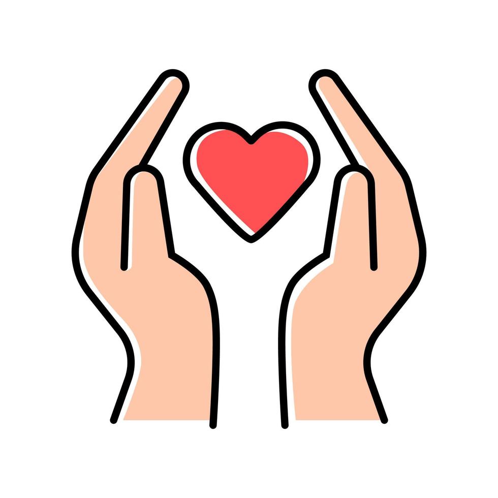 Hands with heart color icon. Volunteering activity. Nonprofit organization. Charity project. Friendship and love. Humanitarian help. Community service program. Isolated vector illustration