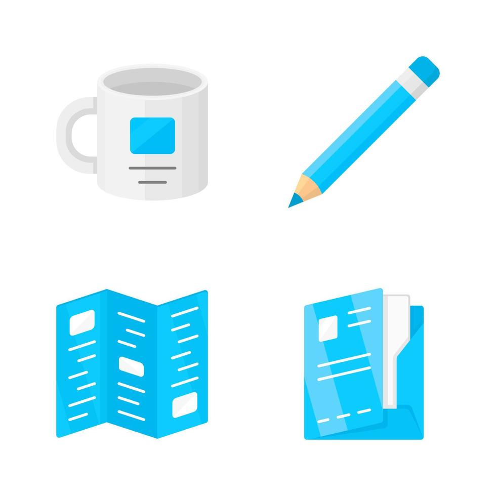 Business tools flat design color icons set. Office accessories isolated vector illustrations. Company employee, business equipment. Personal cup, corporate booklet, pencil and document folder