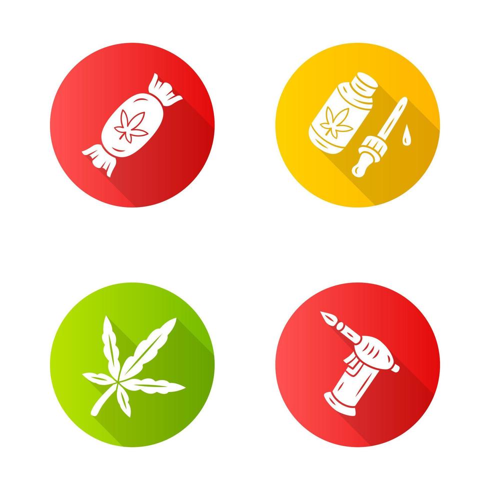 conjunto de iconos de glifo de sombra larga de diseño plano de productos de malezas. industria cannábica. aceite de cbd y dulces. legalización de la marihuana. distribución de cáñamo, venta. medicación alternativa. ilustración de silueta vectorial vector