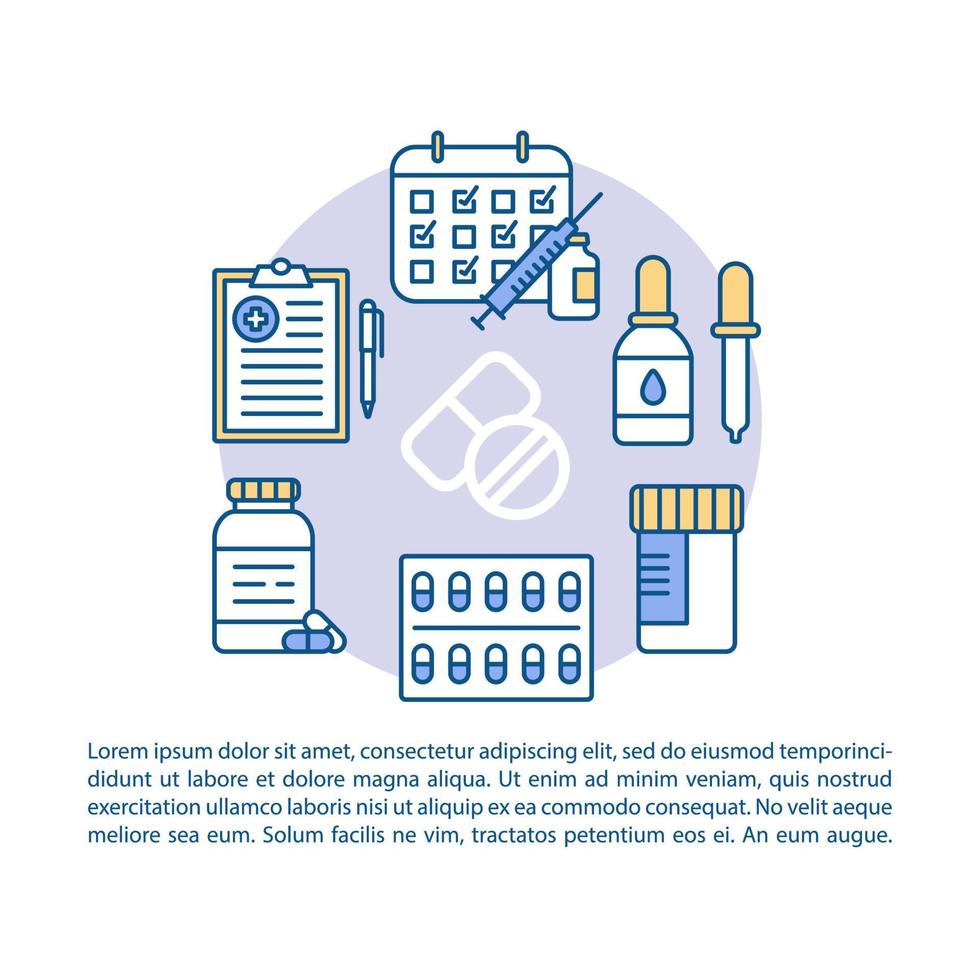 Allergy treatment article page vector template. Antihistamine drugs, immunization. Brochure, magazine, booklet design element with icons, text box. Print design. Concept illustrations with text space