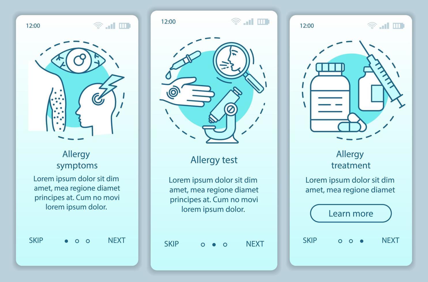 Plantilla de vector de pantalla de página de aplicación móvil de incorporación de alergia. síntomas de enfermedades alérgicas, prueba, tratamiento. paso a paso del sitio web con ilustraciones lineales. ux, ui, concepto de interfaz de teléfono inteligente gui