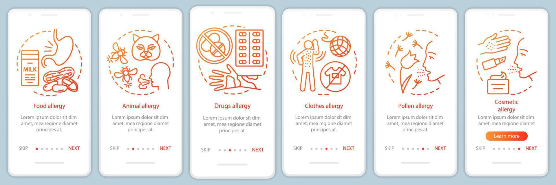 Allergy types onboarding mobile app page screen vector template. Food, animal, clothes, pollen allergies. Walkthrough website steps with linear illustrations. UX, UI, GUI smartphone interface concept