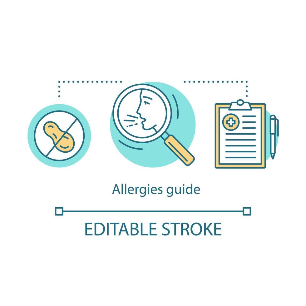 icono de concepto de guía de alergias. Información sobre enfermedades alérgicas. ilustración de línea delgada de idea de detección médica. tratamiento de síntomas de alergia. prohibición de alérgenos. dibujo de contorno aislado vectorial. trazo editable vector