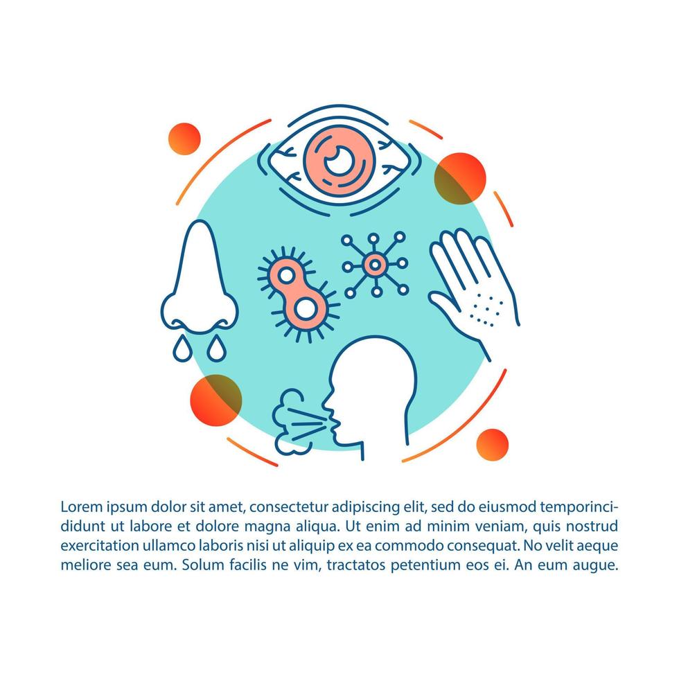 Allergy symptoms article page vector template. Rhinitis, conjunctivitis, skin rash. Brochure, magazine, booklet design element with icons, text box. Print design. Concept illustrations with text space