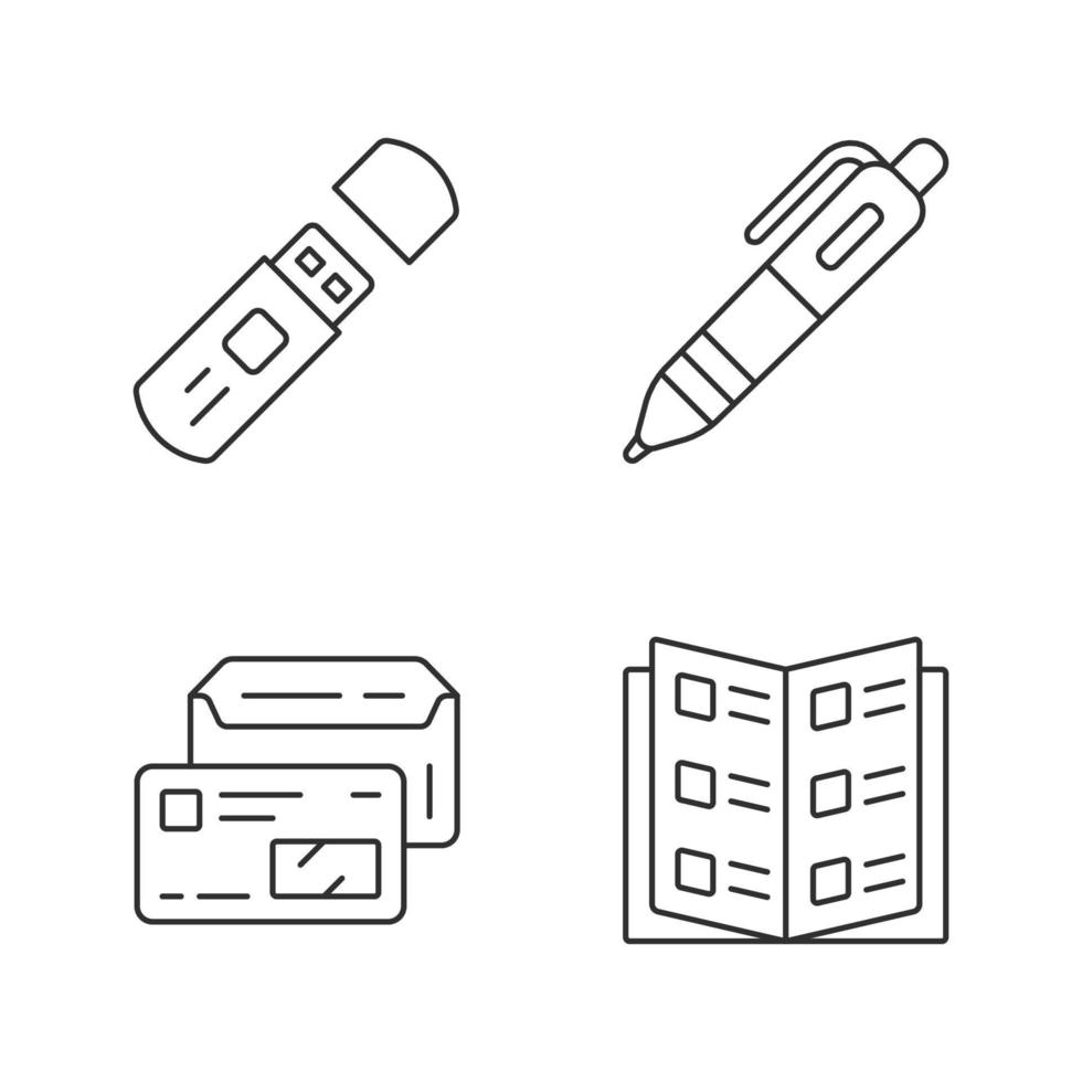 Office work attributes linear icons set. Business accessories thin line contour symbols. Flash drive, pen, company catalog and envelope isolated vector outline illustrations. Editable stroke