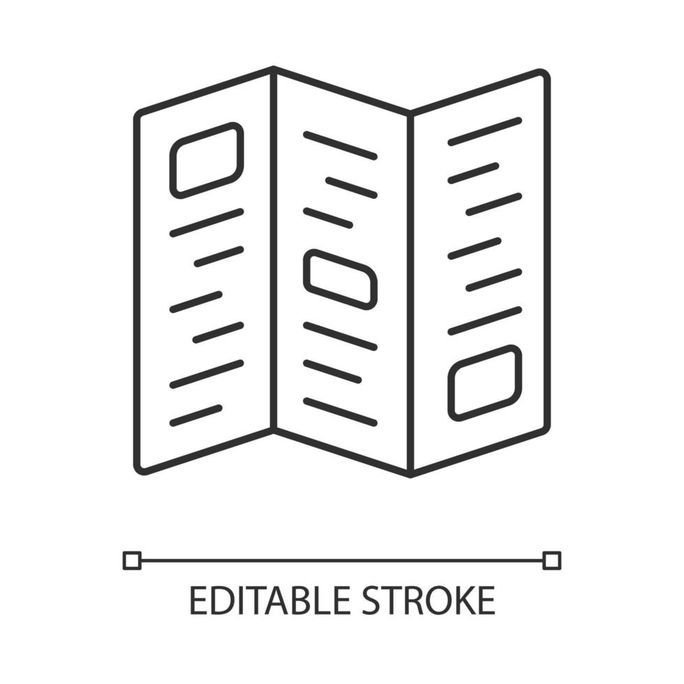 folleto de información, icono lineal del folleto. ilustración de línea delgada de folleto publicitario. símbolo de contorno de hoja de papel desplegado. dibujo de contorno aislado del vector de publicidad universitaria. trazo editable