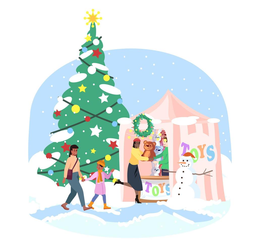 Christmas market flat illustration. Toys market stall with seller. Mother with daughter walk Xmas fair cartoon characters. New Year holiday city event. Winter fairground attractions, Christmas tree vector