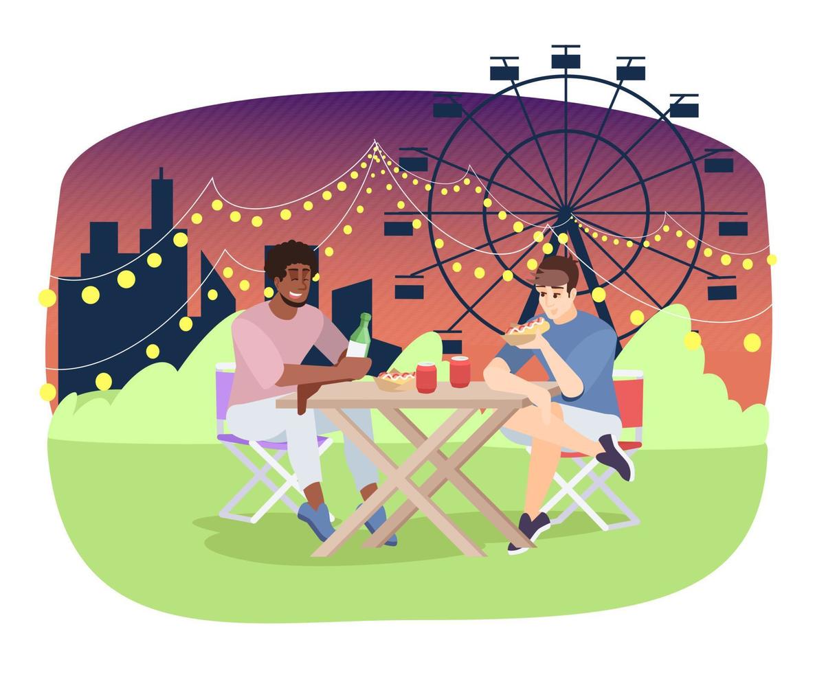 Friends eating pizza at fairground flat vector illustration. City park, summer festival, night fair outdoor cafe. Male friends, men on picnic cartoon characters. Amusement park entertainment