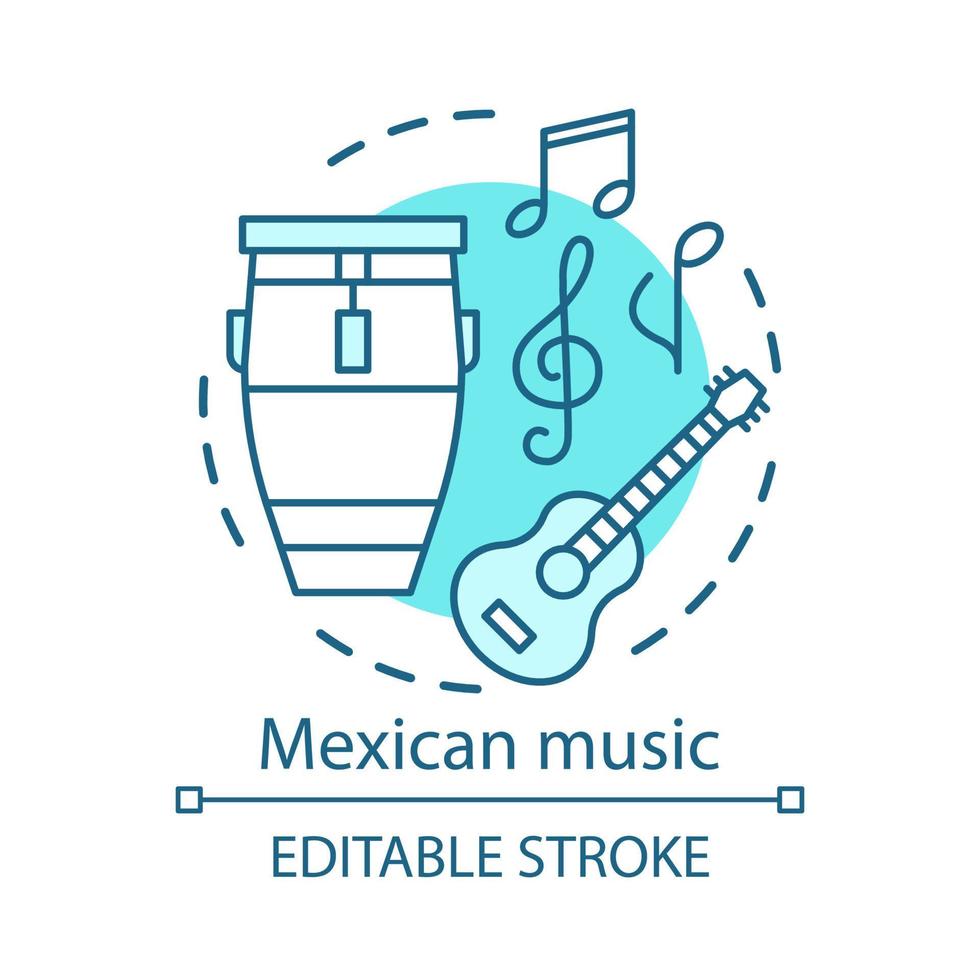 Mexican music concept icon. Latino acoustic sound party. Mariachi band instruments. Drum, guitar, musical symbols idea thin line illustration. Vector isolated outline drawing. Editable stroke