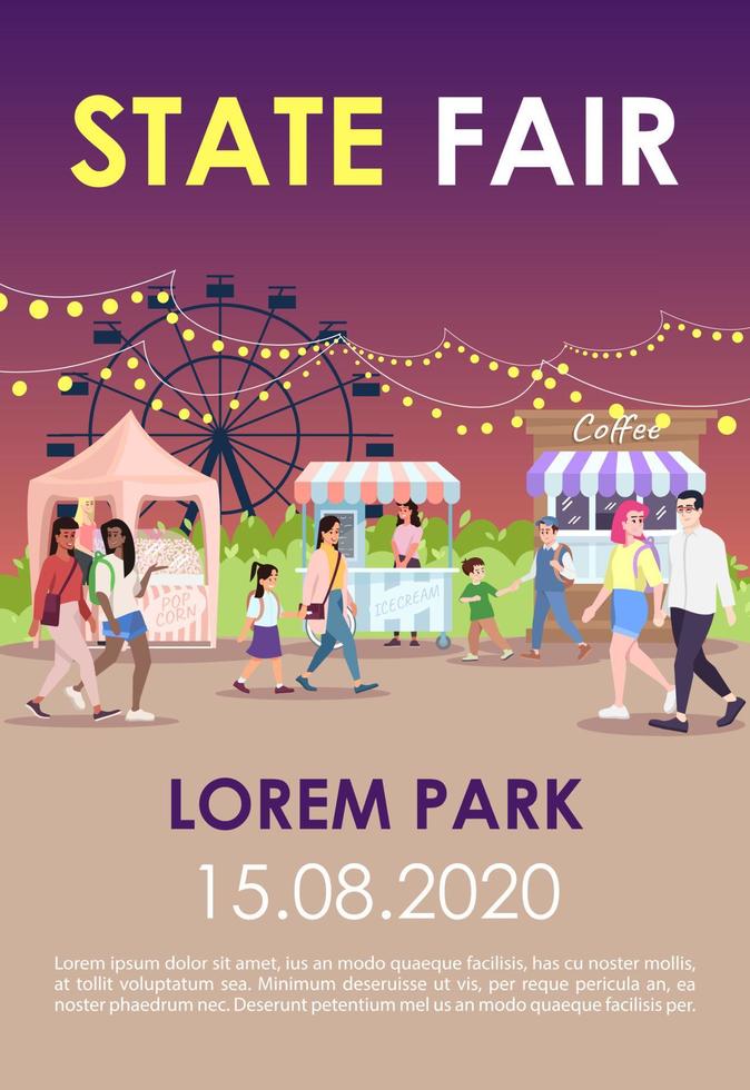 State fair brochure template. Funfair, night street market flyer, booklet, leaflet concept with flat illustrations. Summer city event. Page layout for magazine. Advertising invitation with text space vector