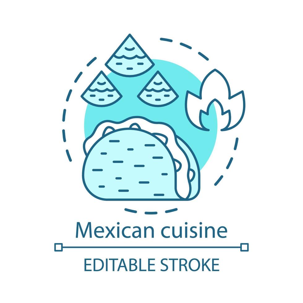 Mexican cuisine concept icon. Chili fast food. Hispanic streetfood. Mexico tortilla dishes. Spicy taco and nachos idea thin line illustration. Vector isolated outline drawing. Editable stroke