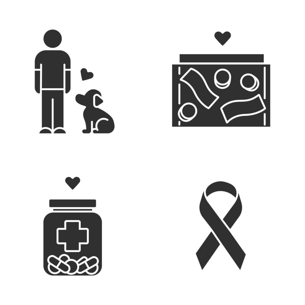 Volunteering glyph icons set. Humanitarian assistance. Altruistic activity. Animals welfare, donation box, medical aid, awareness ribbon. Silhouette symbols. Vector isolated illustration