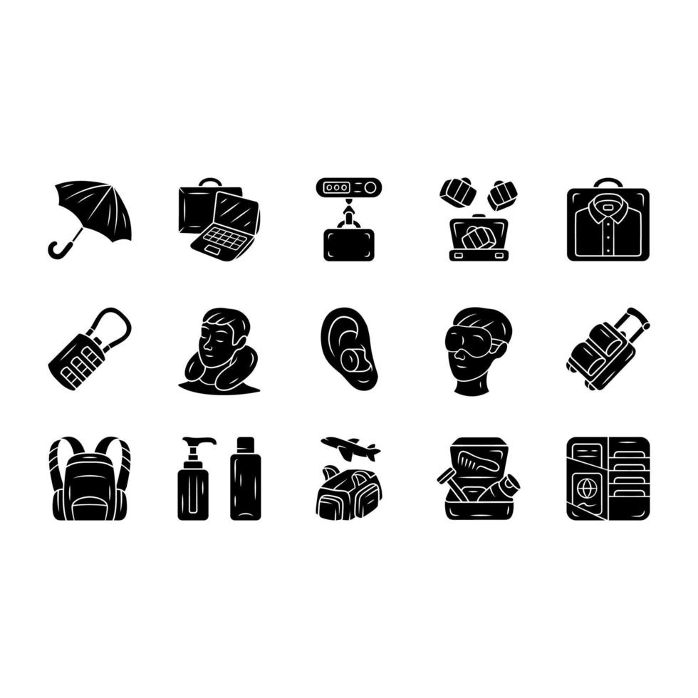 Travel accessories glyph icons set. Luggage, baggage and suitcase, backpack items. Tourism, trip equipment, tourist objects. Vacation accessories. Silhouette symbols. Vector isolated illustration