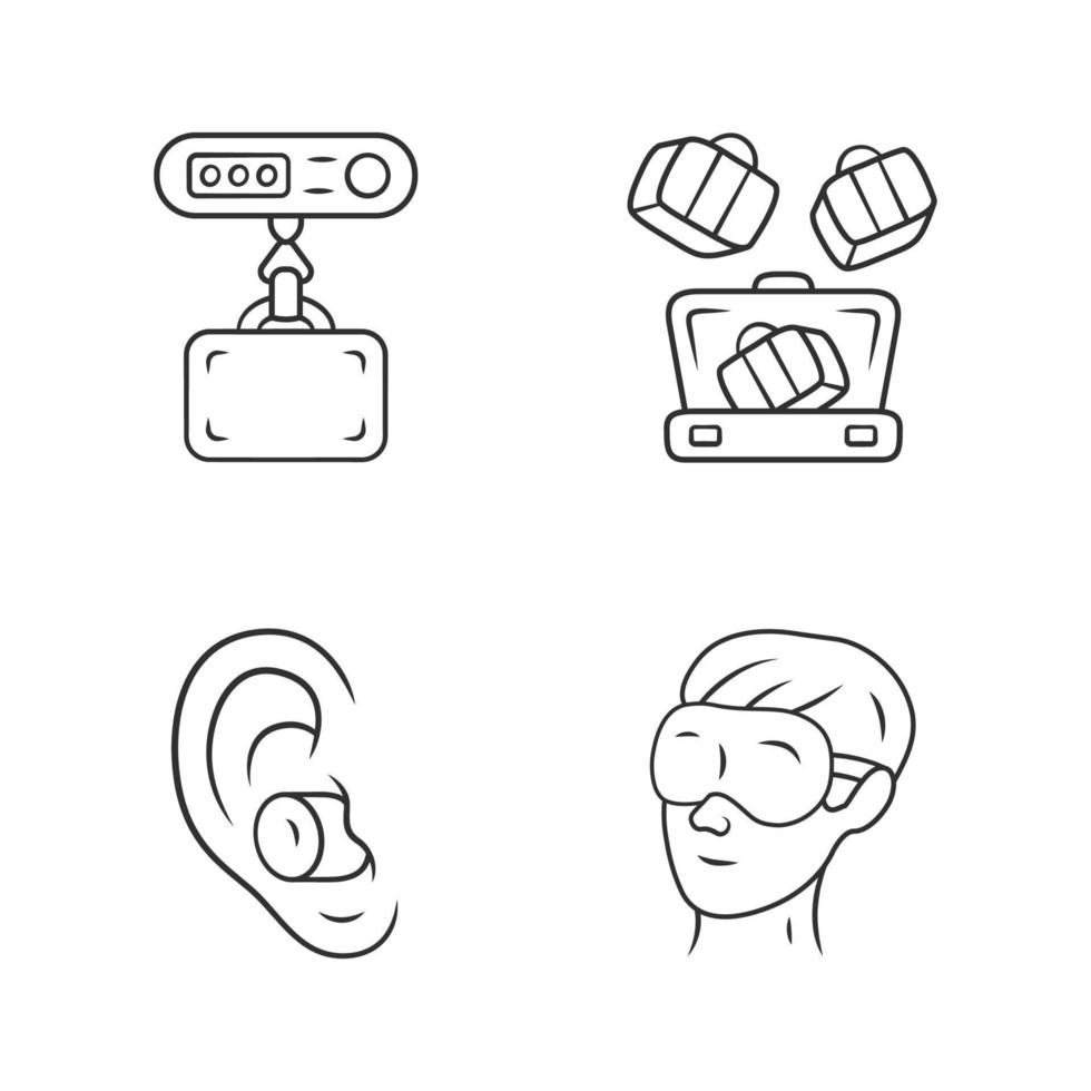 Travel accessories linear icons set. Digital weights, packing cubes. Noise cancelling earplugs, sleeping eyemask. Thin line contour symbols. Isolated vector outline illustrations. Editable stroke..
