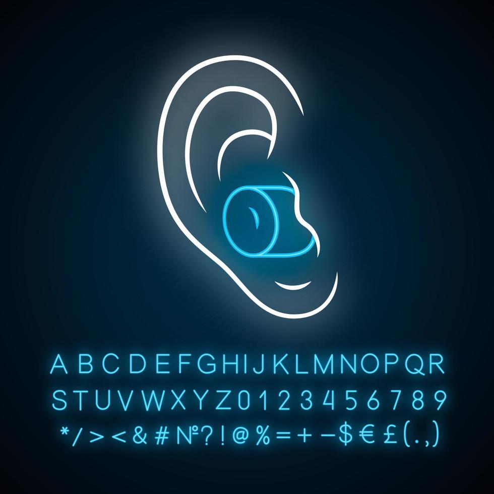 Noise cancelling earplugs neon light icon. Silicone, foam safety ear plug. Noise protection tool. Sleeping accessory. Glowing sign with alphabet, numbers and symbols. Vector isolated illustration