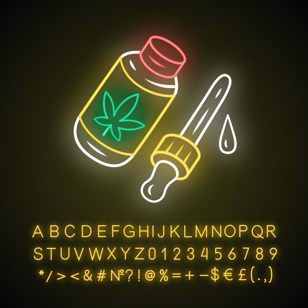 CBD oil neon light icon. Weed product. Cannabis industry. Medical uses of ganja. Hemp distribution and sale. Drug use. Glowing sign with alphabet, numbers and symbols. Vector isolated illustration