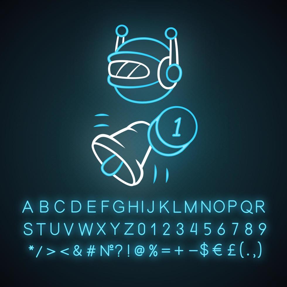 Proactive bot neon light icon. Sending messages. Text alert, reminder. Network communication. Artificial intelligence. Glowing sign with alphabet, numbers and symbols. Vector isolated illustration