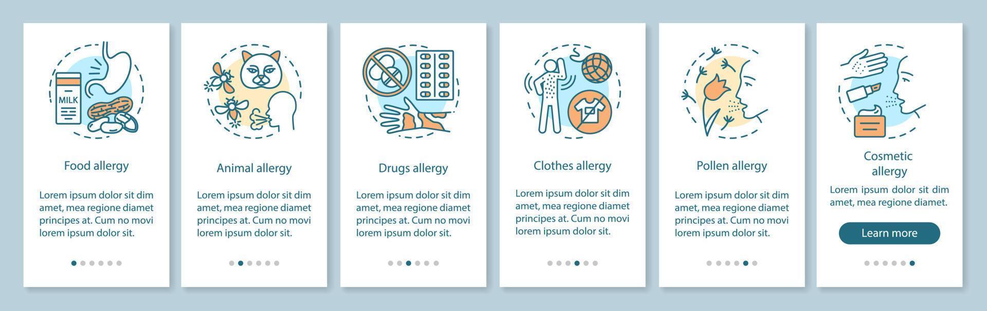 Allergy types onboarding mobile app page screen with linear concepts. Food, animal, clothes, pollen allergies walkthrough steps graphic instructions. UX, UI, GUI vector template with illustrations