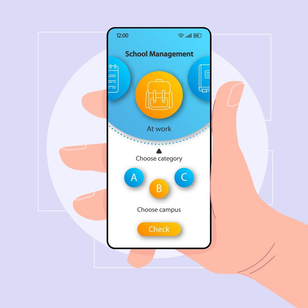 School management smartphone interface vector template. Mobile app page color design layout. Education software screen. Flat UI for application. Hand holding phone with campus choice tool on display