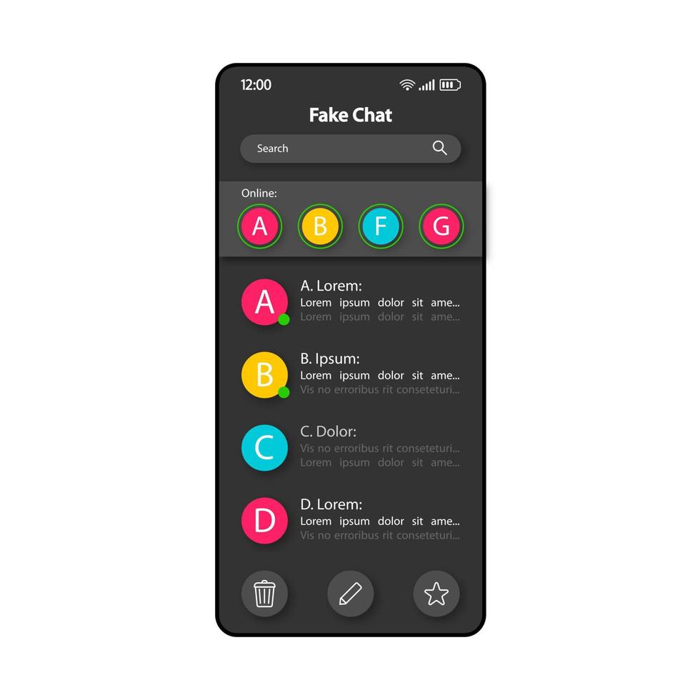 Fake chat builder smartphone interface vector template. Mobile app page color design layout. False conversation maker screen. Flat UI for application. Fake account messages phone display