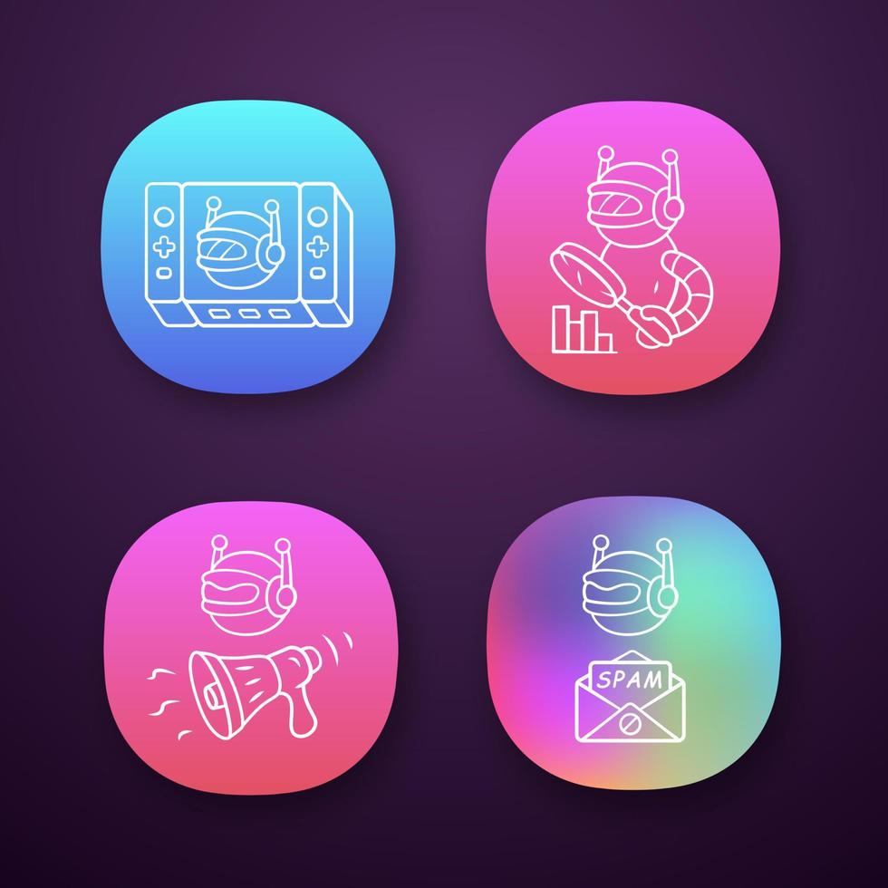 Web robots app icons set. Game, propaganda, monitoring, spam bot. Artificial intelligence, AI. Virtual reality. UI UX user interface. Web or mobile applications. Vector isolated illustrations