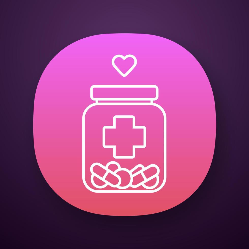 icono de la aplicación de ayuda médica. voluntariado médico. curso de tratamiento. puede con diferentes pastillas. botella con drogas, corazón. interfaz de usuario ui ux. aplicación web o móvil. ilustración vectorial aislada vector