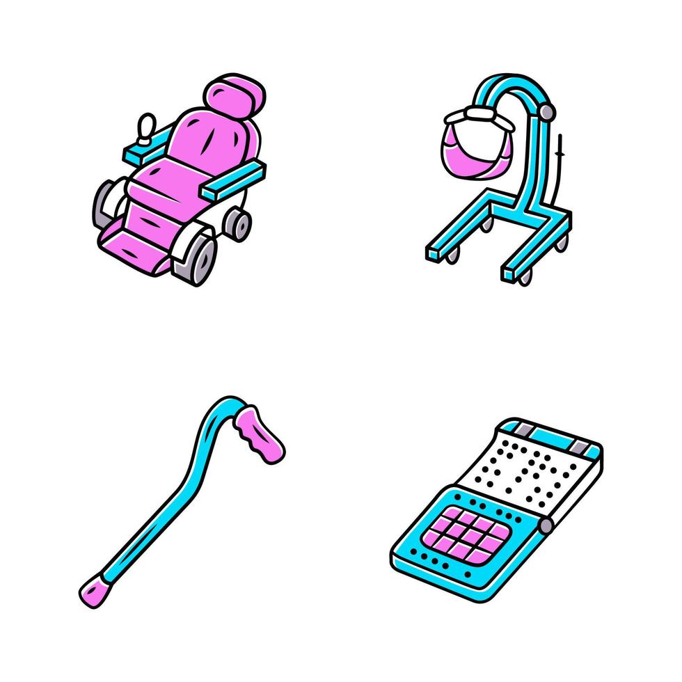 conjunto de iconos de color de dispositivos desactivados. silla de ruedas motorizada, elevador de pacientes, bastón, teléfono inteligente braille. ayudas para la movilidad, equipos para discapacitados para personas con discapacidades físicas. ilustraciones de vectores aislados
