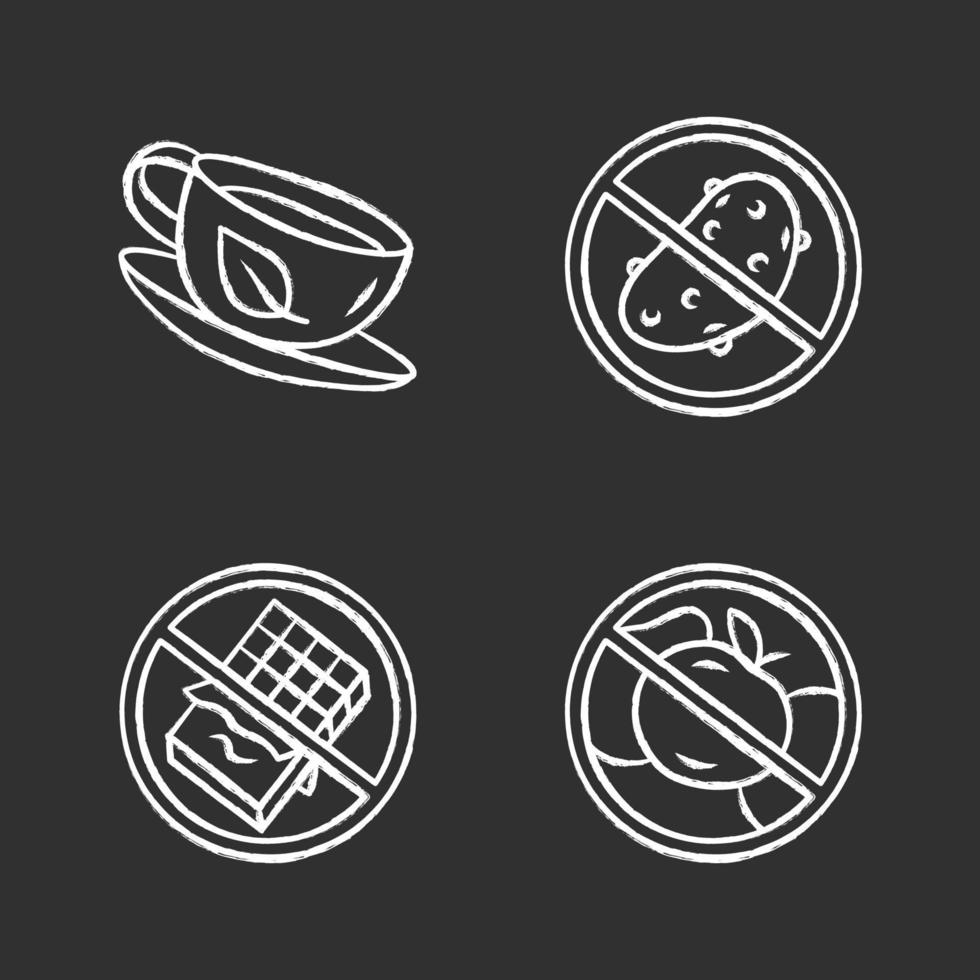 Low carbs and diabetic diet chalk icons set. No glucose and carbohydrate products. Organic green tea cup. Sugar free food and healthy eating isolated vector chalkboard illustrations