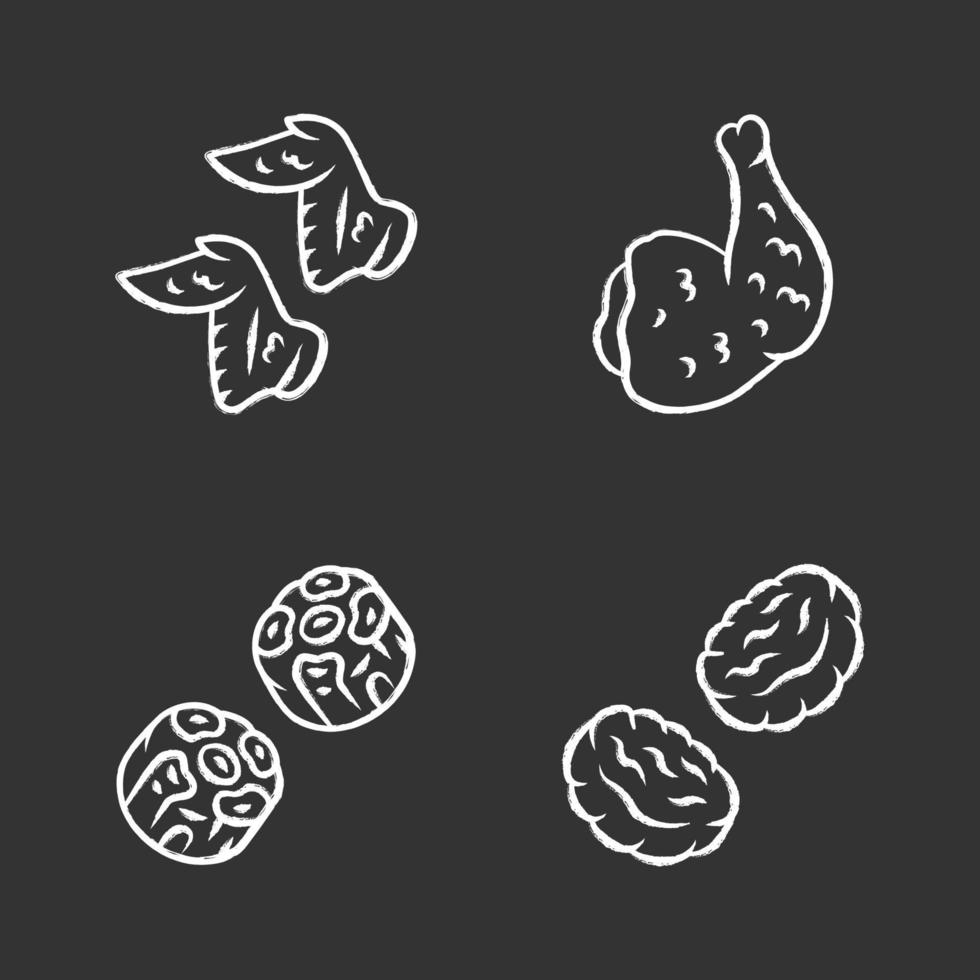 Butchers meat chalk icons set. Chicken ham, wings, burger patties, oxtails. Meat production and sale. Butchery business. Protein sources. Isolated vector chalkboard illustrations