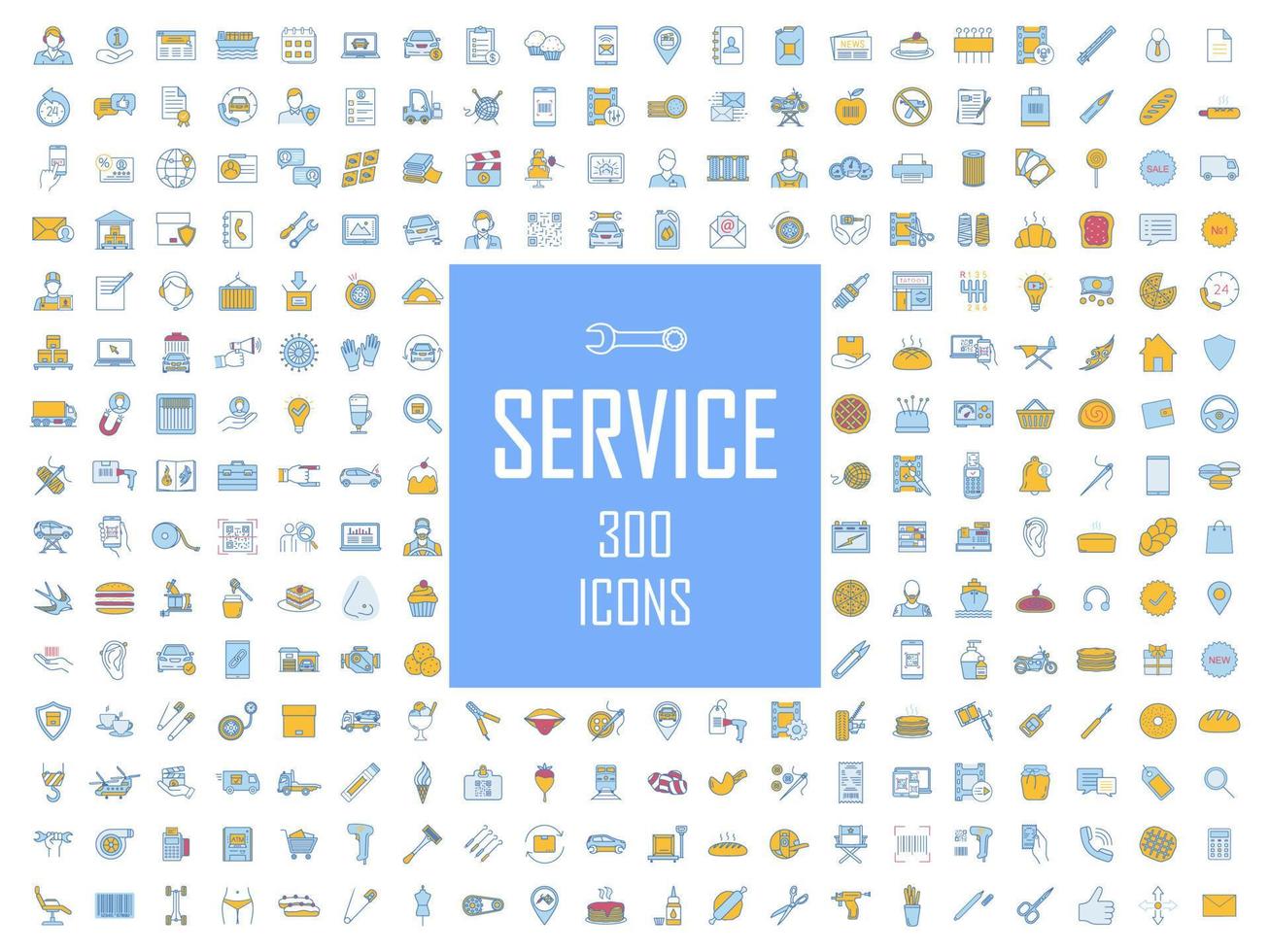 Service color icons big set. Car service, technical assistance service, atelier. Spa and tattoo salons, barbershop. Shop, cafe, restaurant. Customer service. Call center. Isolated vector illustrations