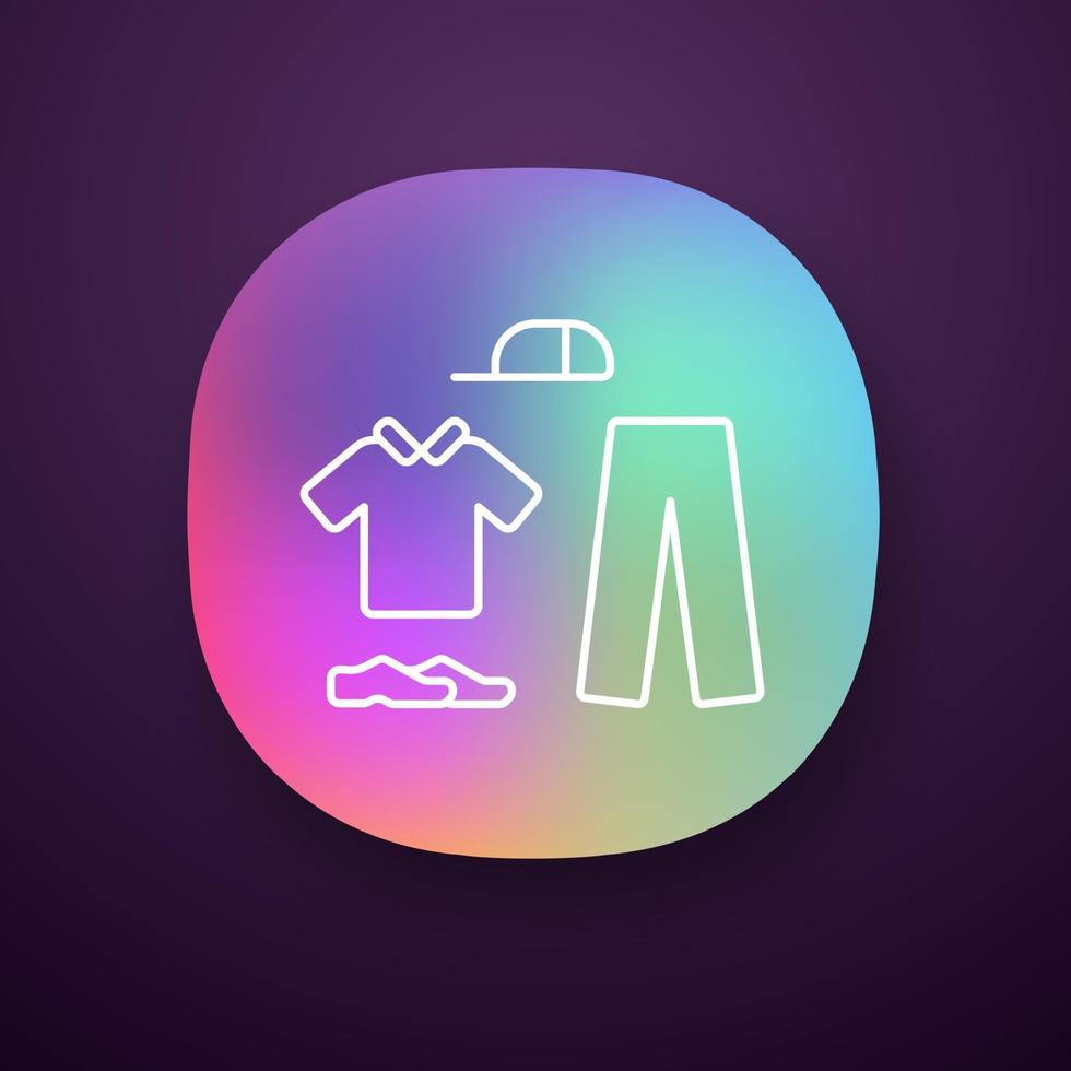 Cricket uniform app icon. Cricket whites. Sport flannels. Sportswear. Collared shirt, long trousers, cap, shoes. UI UX user interface. Web or mobile application. Vector isolated illustration