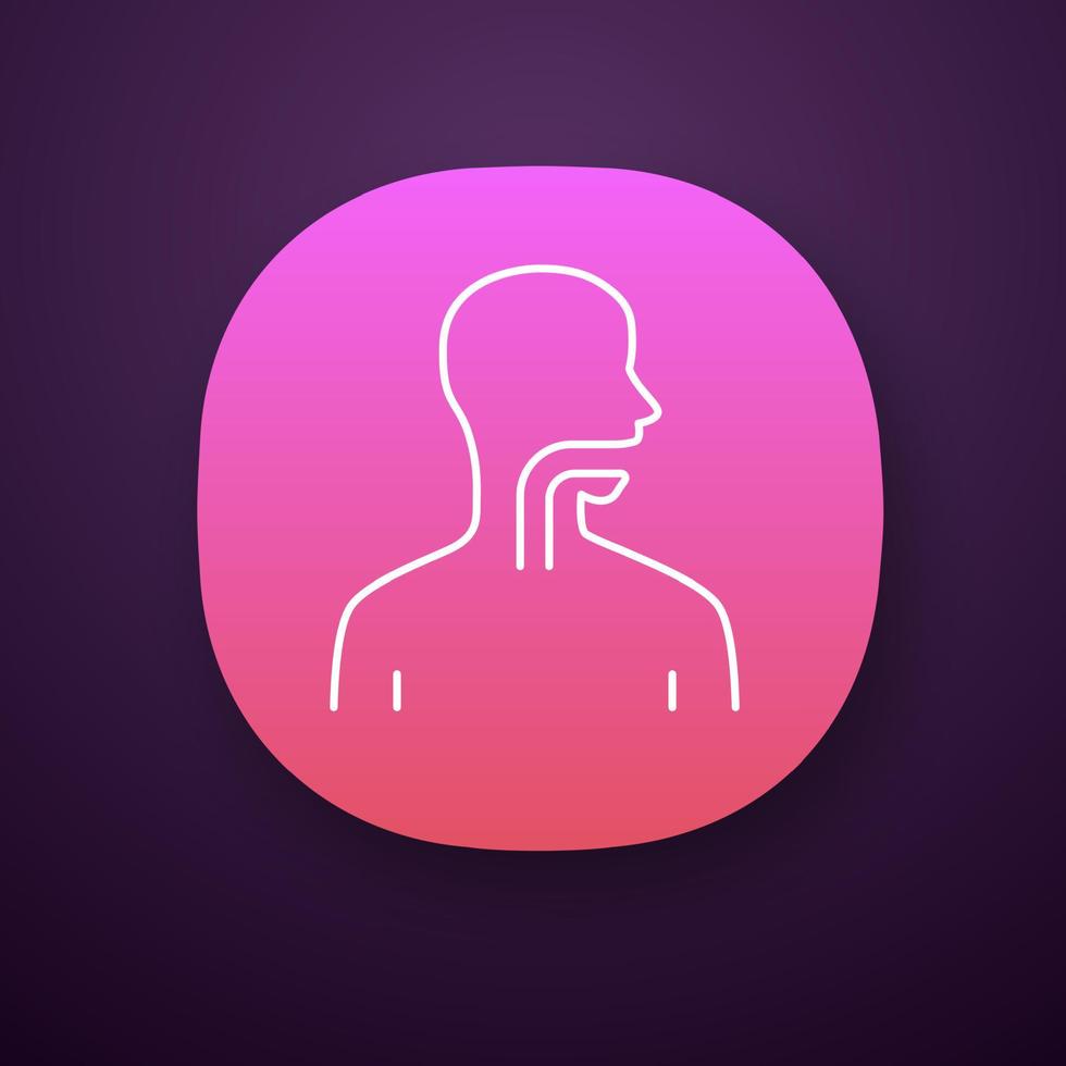 Healthy throat app icon. Oral cavity, pharynx and esophagus in good health. Upper section of alimentary canal. UI UX user interface. Web or mobile application. Vector isolated illustration