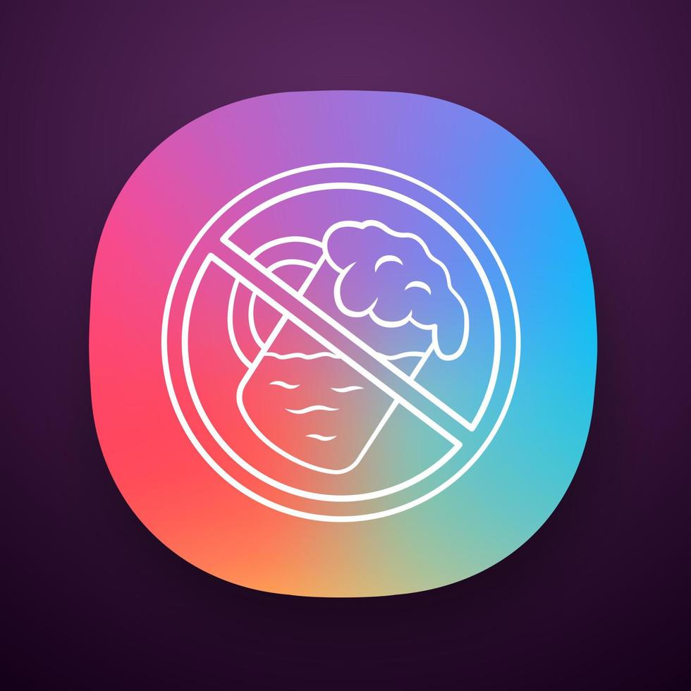 No alcohol beverage app icon. Drinking forbidden label. UI UX user interface. Cocktail glass. Alcohol free, dry bar. Web or mobile application. Beer mug with foam vector isolated illustration