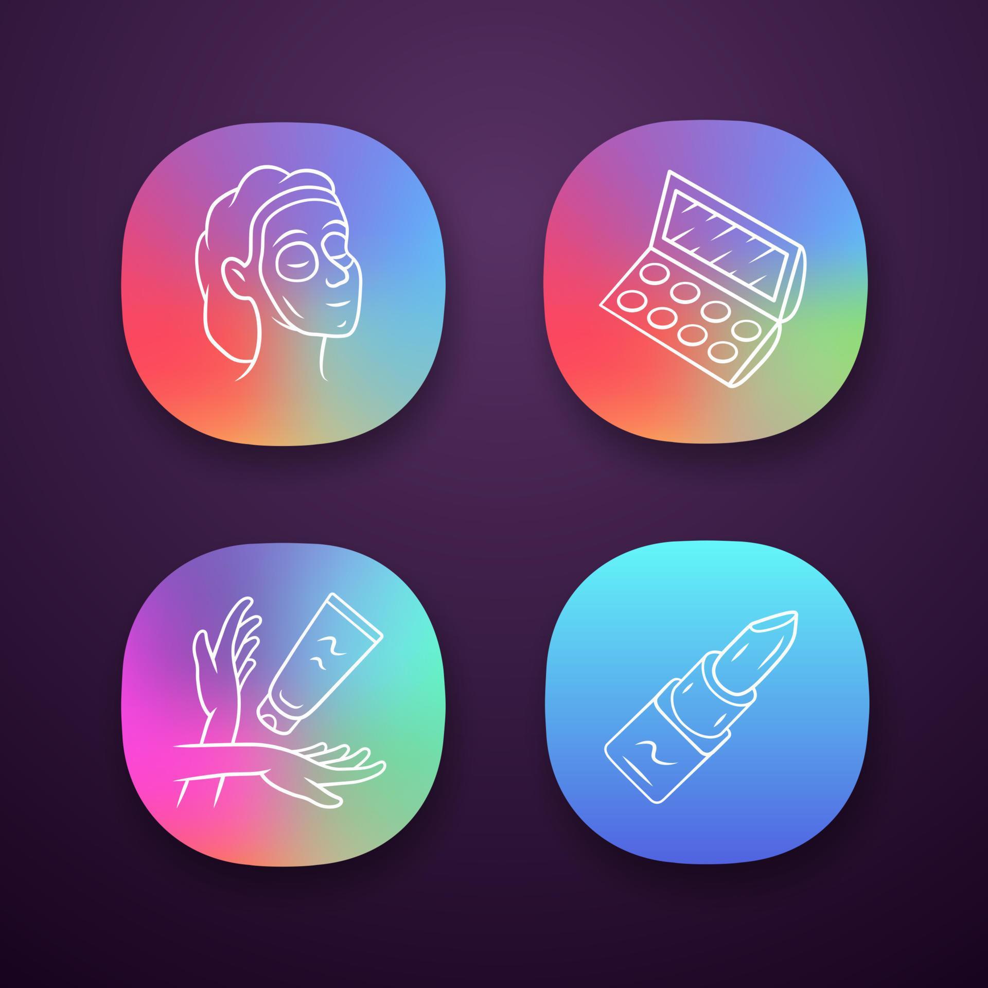 Feminine hygiene, makeup app icons set. Skin care attributes, cosmetic accessories. UI UX user