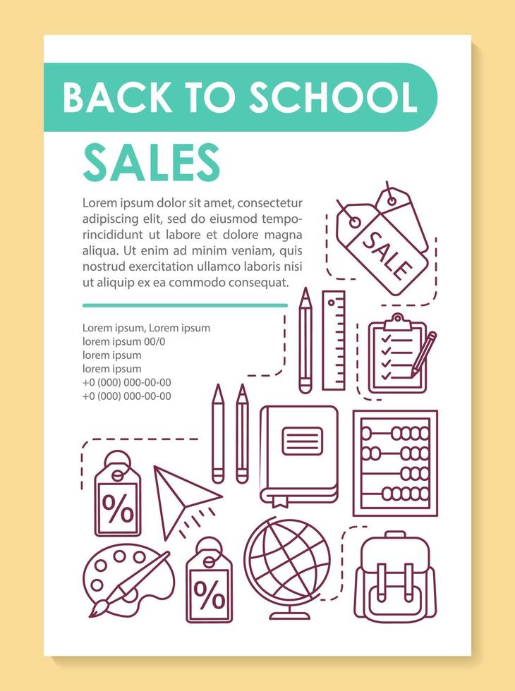 School stationery sale brochure template layout. Discount offers. Flyer, booklet, leaflet print design with linear illustrations. Vector page layouts for magazines, annual reports, advertising posters