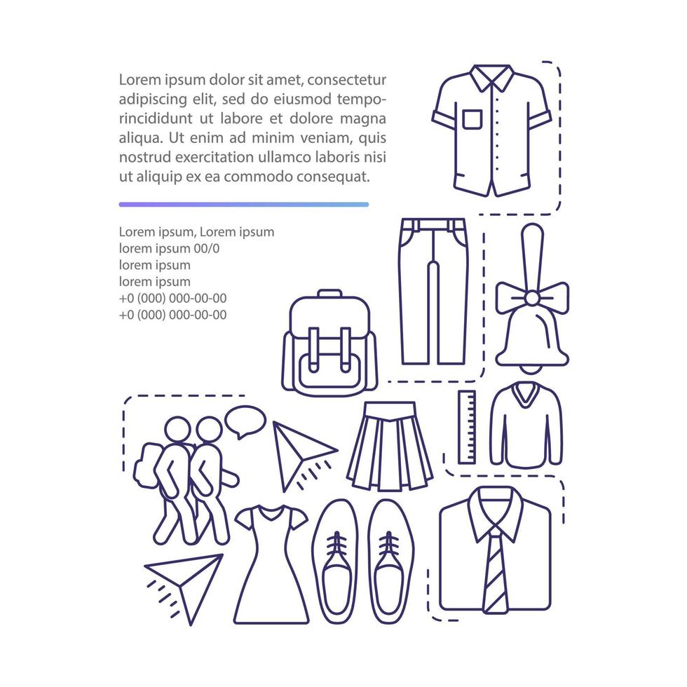 School uniform article page vector template. Pupils fashion. Brochure, magazine, booklet design element with linear icons and text boxes. Print design. Concept illustrations with text space