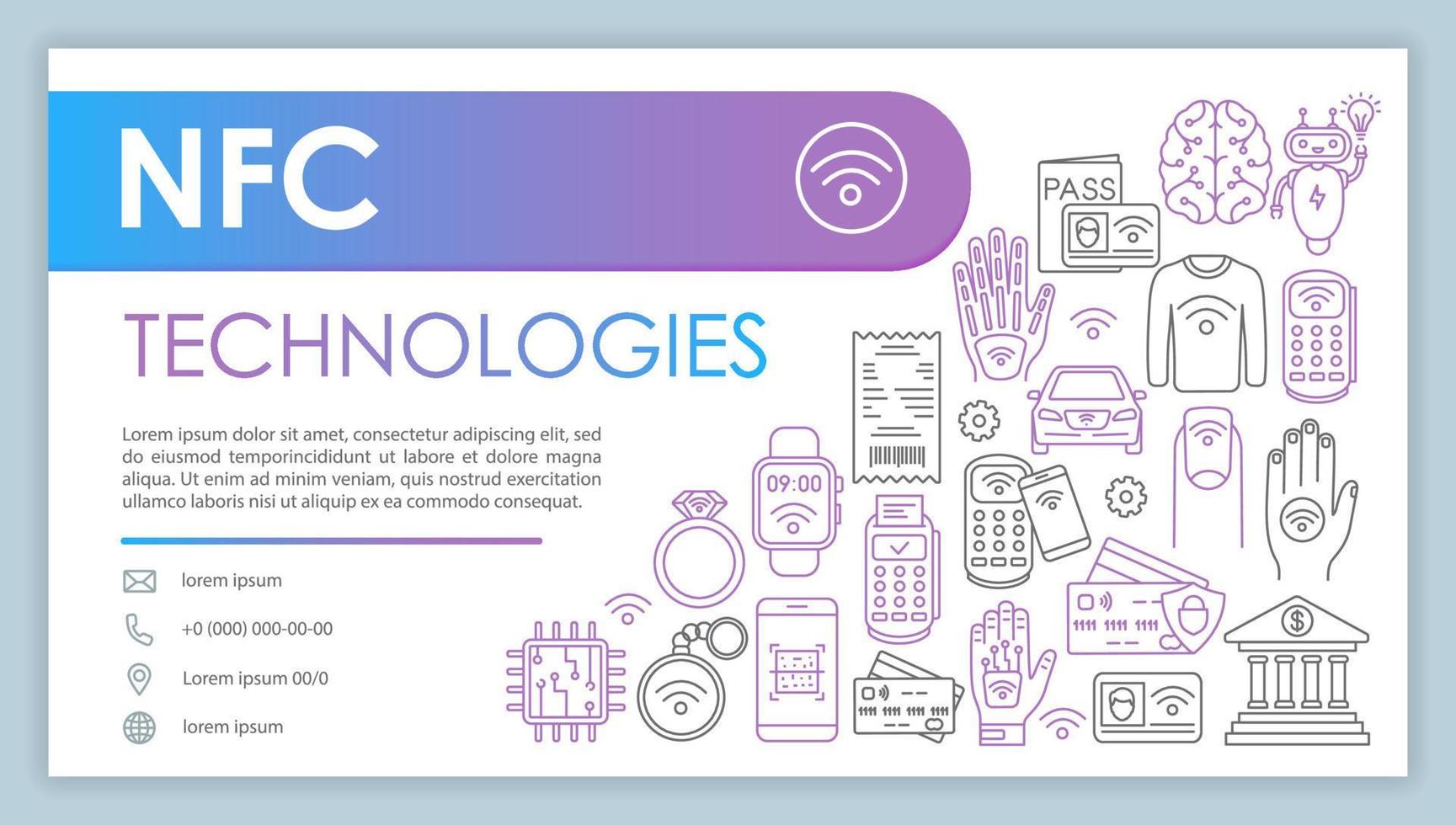 banner de tecnología nfc, plantilla de vector de tarjeta de visita. Pagos sin contacto y sin efectivo. contacto de la empresa con teléfono, iconos de línea de correo electrónico. presentación, idea de página web. diseño de diseño de impresión corporativa