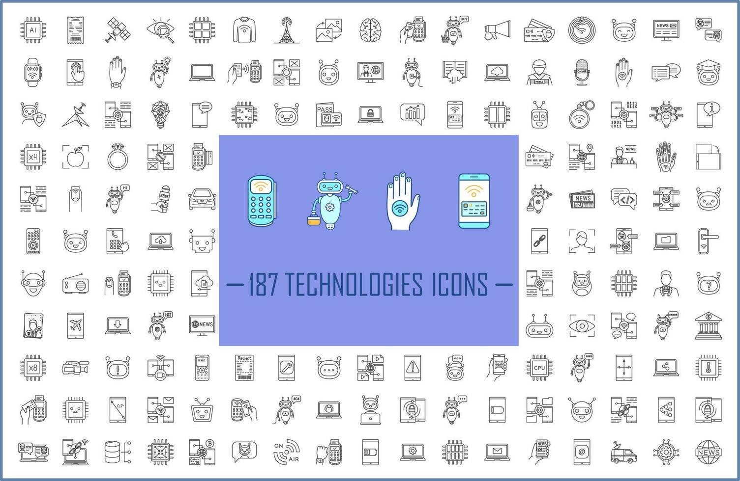 gran conjunto de iconos lineales de tecnologías. inteligencia artificial, robots. nfc, banca por internet, servicios de pagos en línea. símbolos de contorno de línea delgada. ilustraciones aisladas de contorno vectorial. trazo editable vector