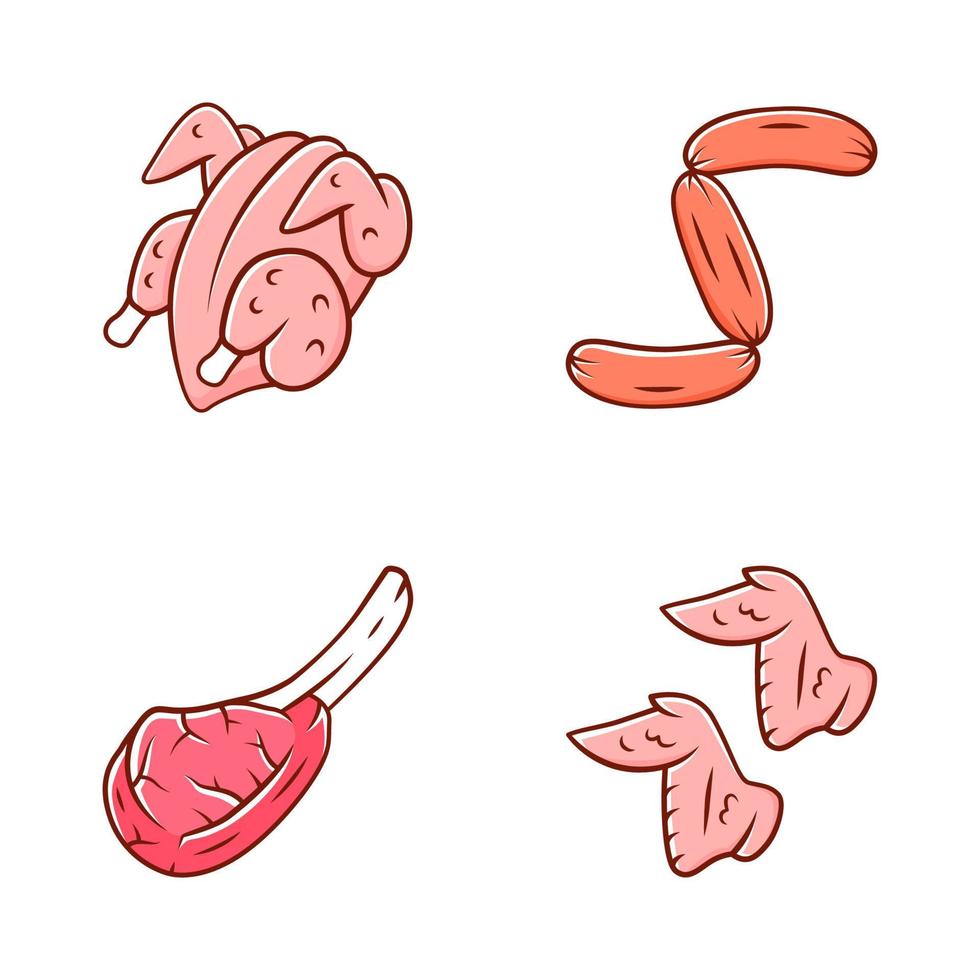 conjunto de iconos de color de carne de carniceros. canal y alitas de pollo, bistec tomahawk, salchichas, costilla de cerdo. fuentes de proteínas negocio de carnicería. producción y venta de carne. ilustraciones de vectores aislados