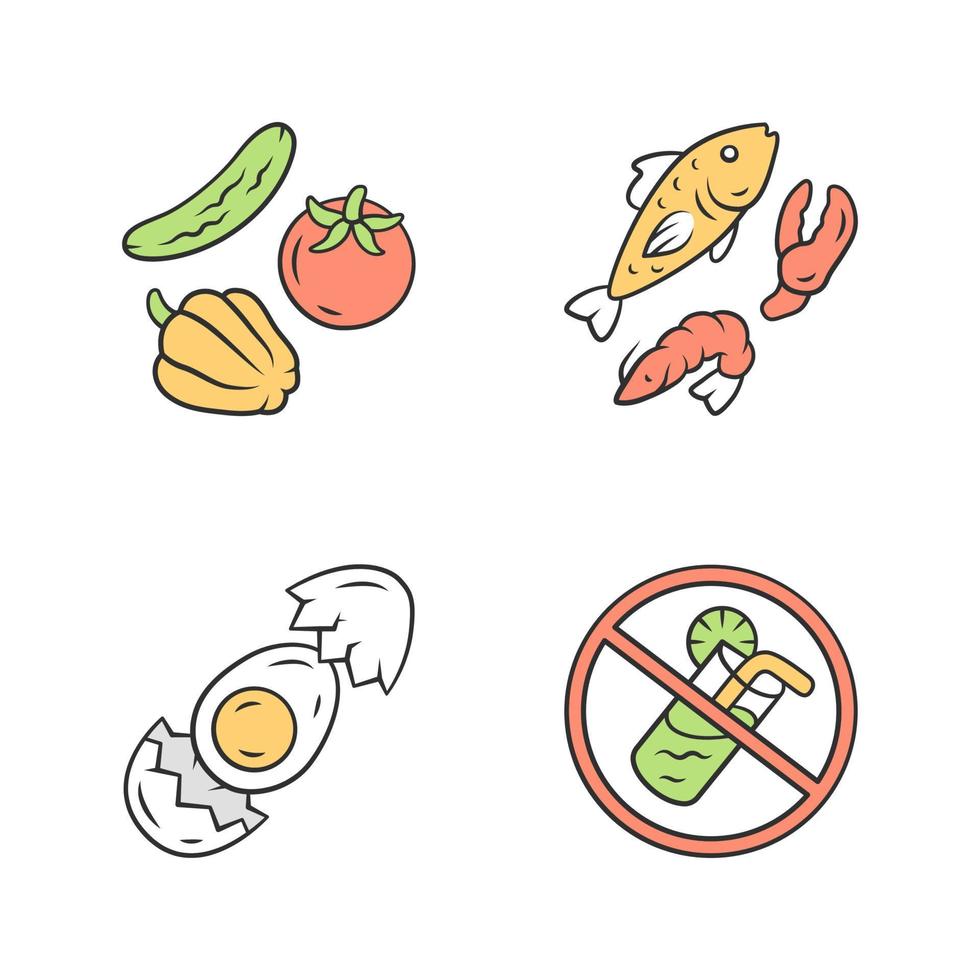 Conjunto de iconos de color de alimentación sana y equilibrada. alimentos ricos en vitaminas y omega 3. camarones y mariscos de pinza de cangrejo. no hay señal de refrescos. ingredientes de huevo, verduras y pescado ilustraciones vectoriales aisladas vector