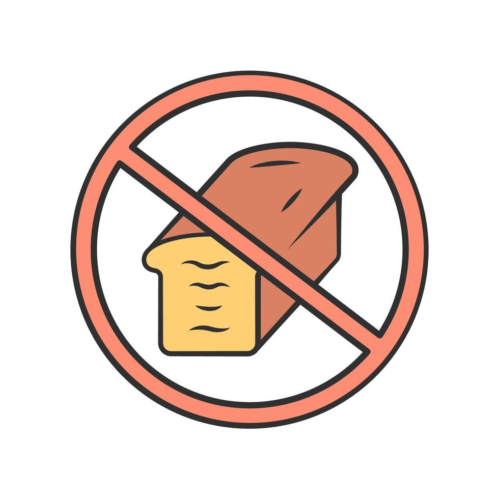 Low carb diet color icon. Carbohydrate and gluten free product. High fat containing and unhealthy food refuse. Weight loss and healthy eating. No bread sign. Isolated vector illustration