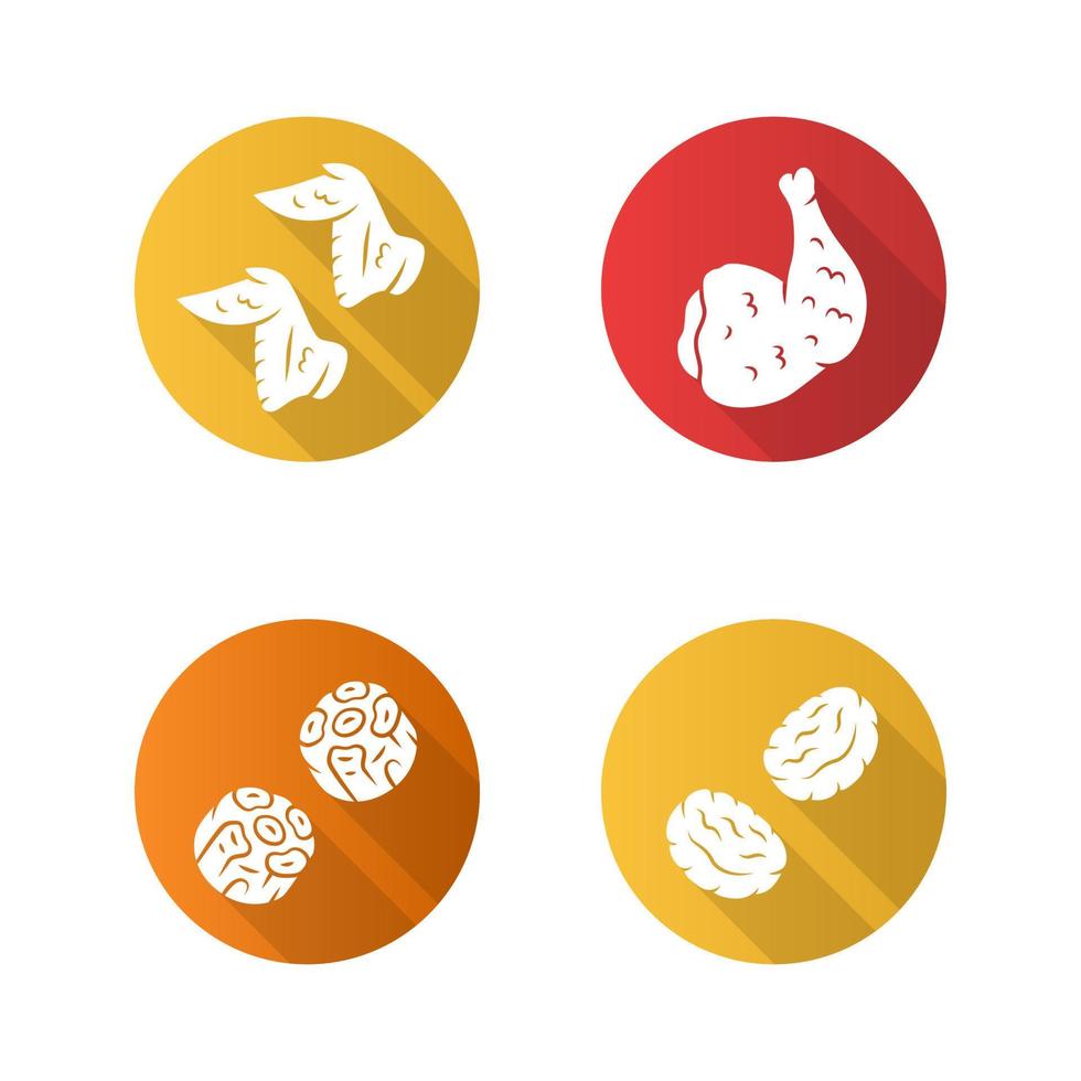 Butchers meat flat design long shadow glyph icons set. Chicken ham, wings, burger patties, oxtails. Meat production and sale. Butchery business. Protein sources. Vector silhouette illustration