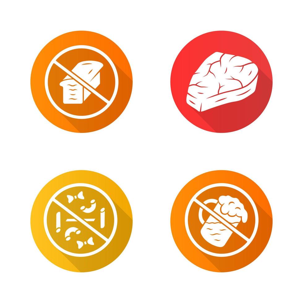 conjunto de iconos de glifo de sombra larga de diseño plano sin dieta de gluten. cero carbohidratos, comer carnívoros. bebida sin alcohol. los productos de pastelería rechazan los carteles. macarrones, pan, bistec de carne vector silueta ilustración